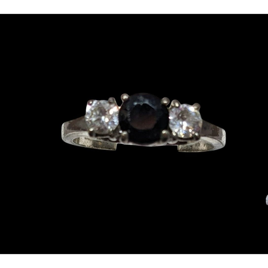 Elegant Gothic Silver Tone Ring With Black And Clear Stones Size 6 3/4