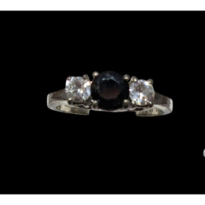 Elegant Gothic Silver Tone Ring With Black And Clear Stones Size 6 3/4