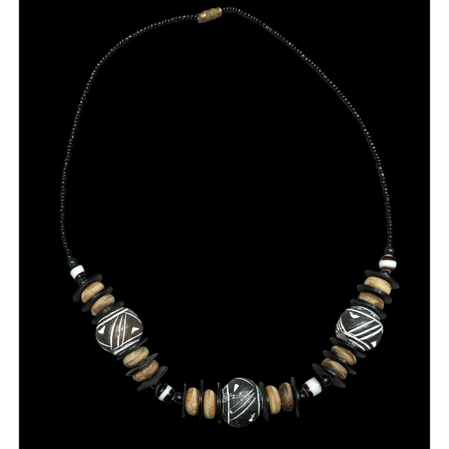 Chunky Rustic Tribal Black And Tan Beaded Necklace