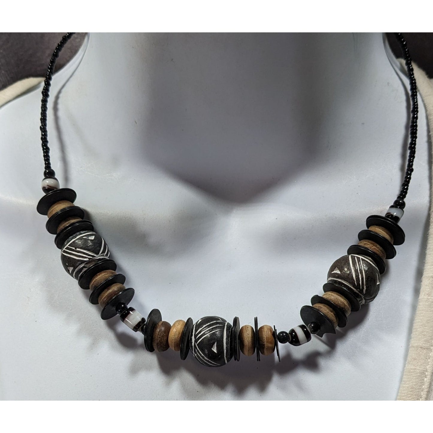 Chunky Rustic Tribal Black And Tan Beaded Necklace