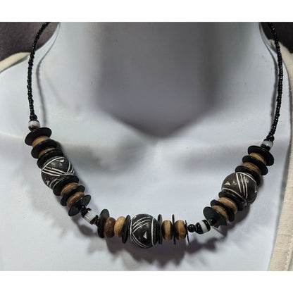 Chunky Rustic Tribal Black And Tan Beaded Necklace