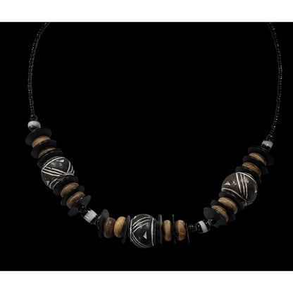 Chunky Rustic Tribal Black And Tan Beaded Necklace
