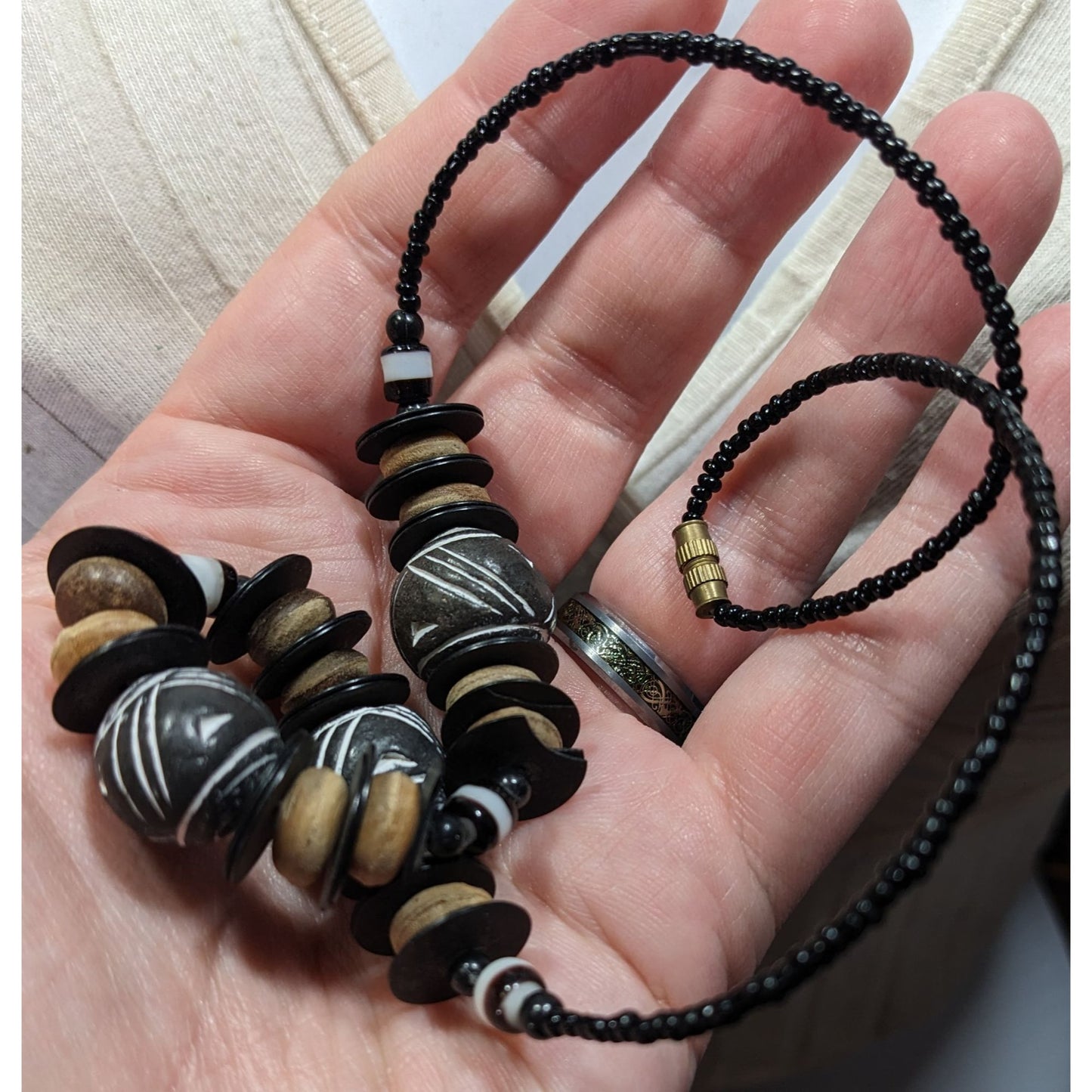 Chunky Rustic Tribal Black And Tan Beaded Necklace