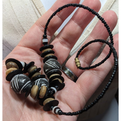 Chunky Rustic Tribal Black And Tan Beaded Necklace