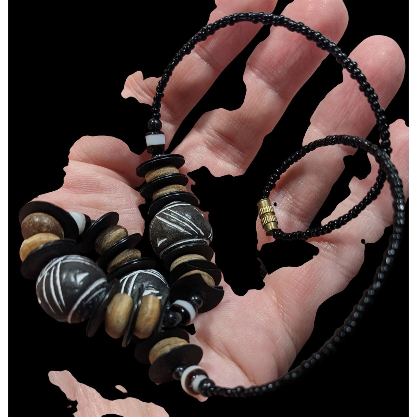 Chunky Rustic Tribal Black And Tan Beaded Necklace