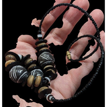 Chunky Rustic Tribal Black And Tan Beaded Necklace