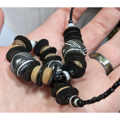 Chunky Rustic Tribal Black And Tan Beaded Necklace