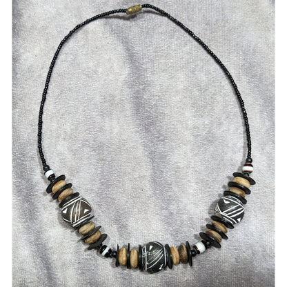 Chunky Rustic Tribal Black And Tan Beaded Necklace