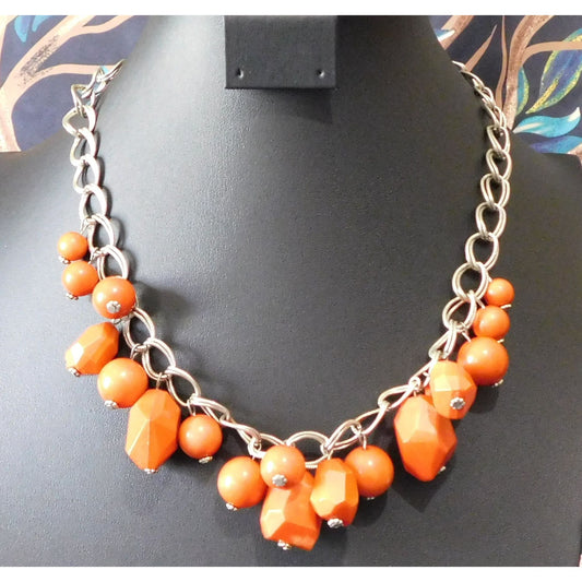 Chunky Retro Orange Fringe Beaded Necklace