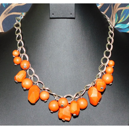 Chunky Retro Orange Fringe Beaded Necklace