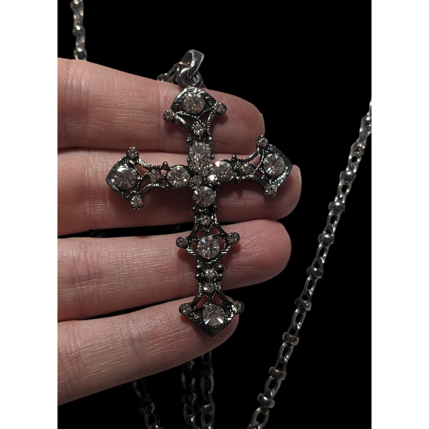 Glam Goth Rhinestone Cross Pendant Necklace