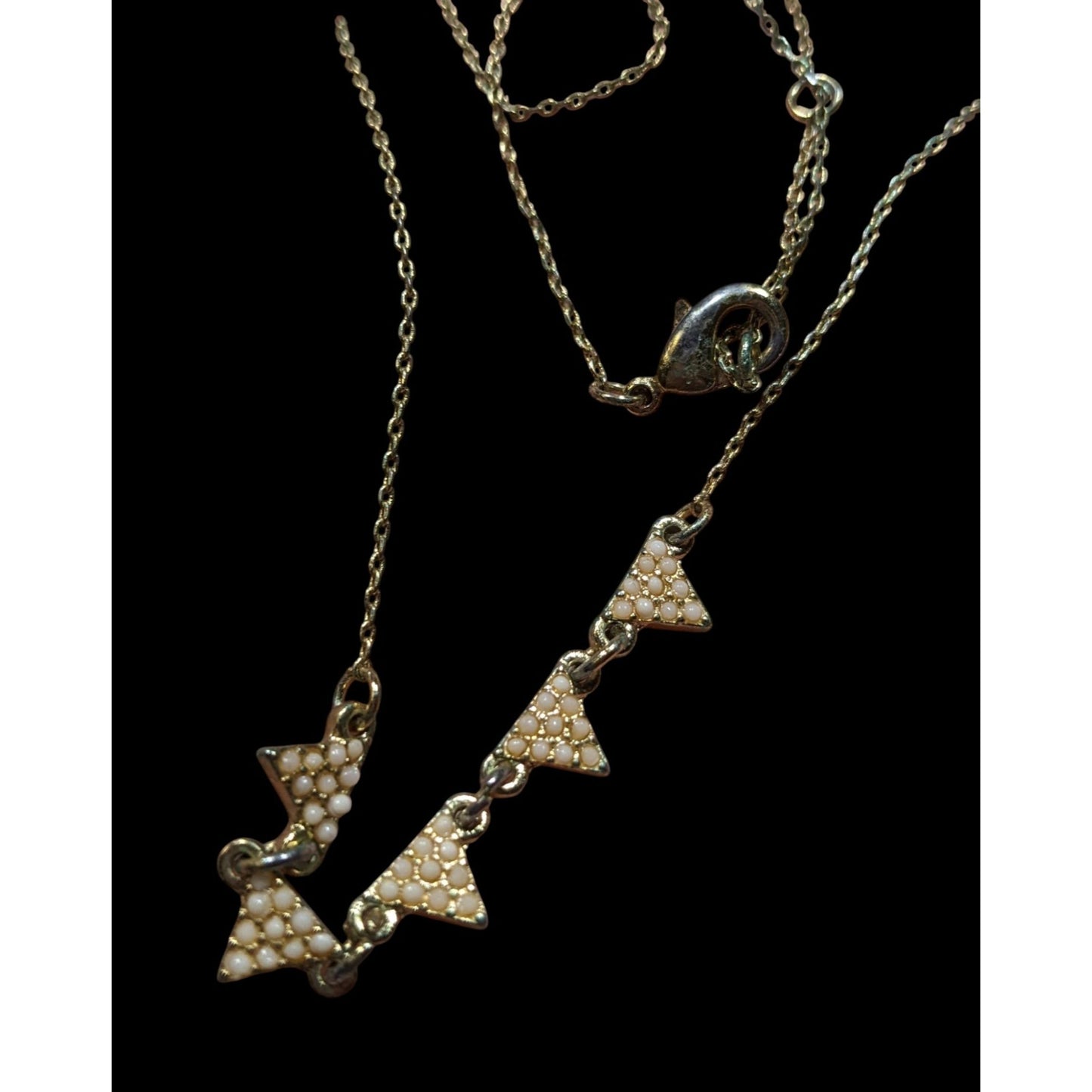 Dainty Five Triangle Pendant Necklace With Cream Beaded Accents & Adjustable Chain