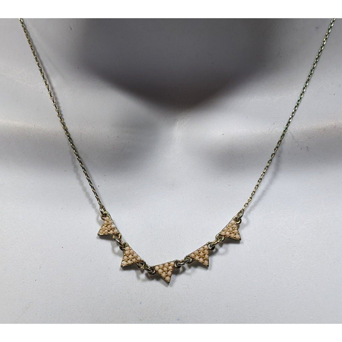 Dainty Five Triangle Pendant Necklace With Cream Beaded Accents & Adjustable Chain