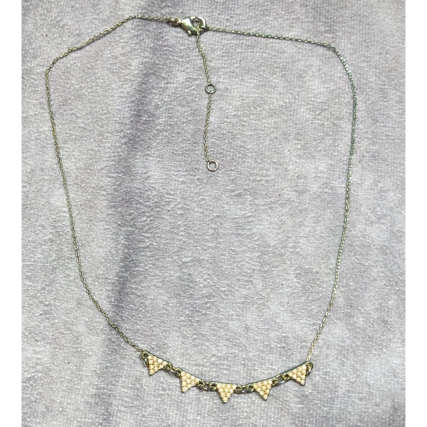 Dainty Five Triangle Pendant Necklace With Cream Beaded Accents & Adjustable Chain