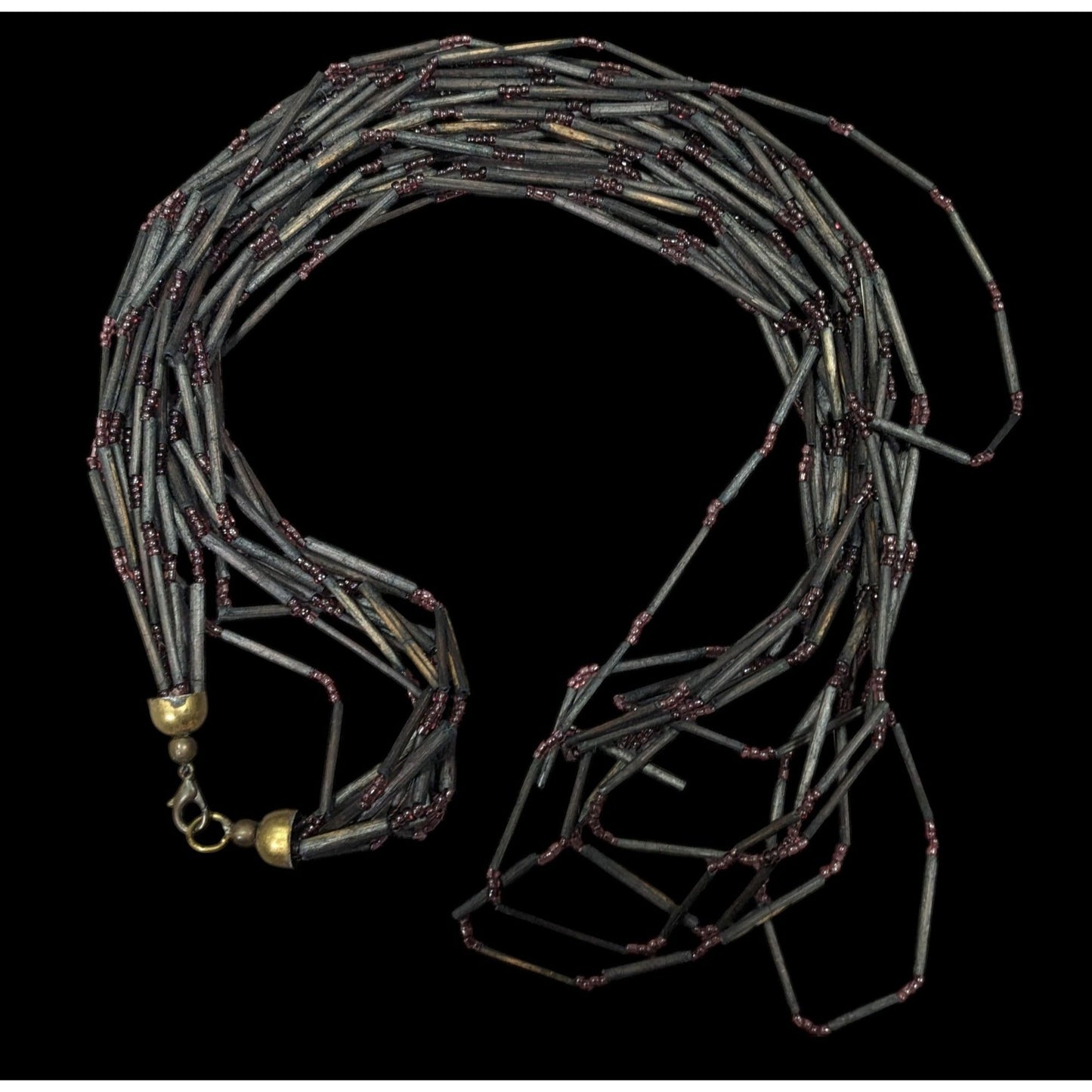 Vintage Black Wood And Glass Multistrand Necklace
