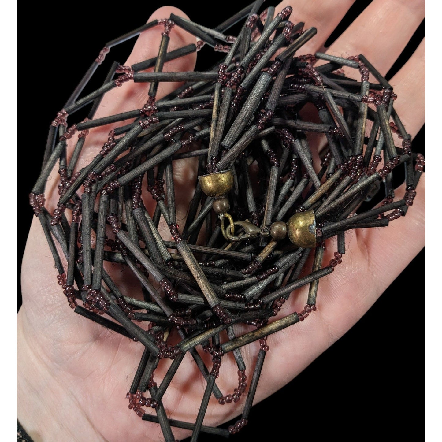 Vintage Black Wood And Glass Multistrand Necklace