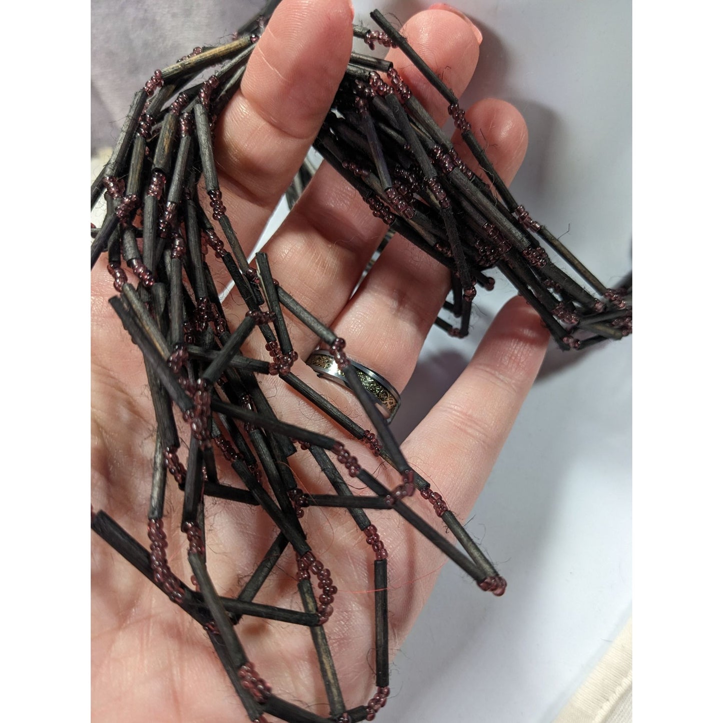 Vintage Black Wood And Glass Multistrand Necklace