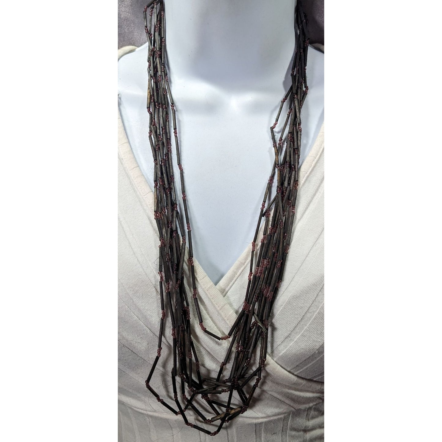 Vintage Black Wood And Glass Multistrand Necklace