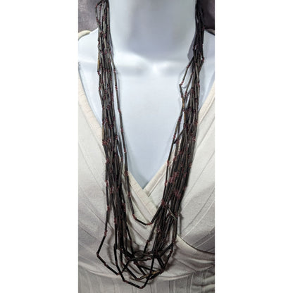 Vintage Black Wood And Glass Multistrand Necklace