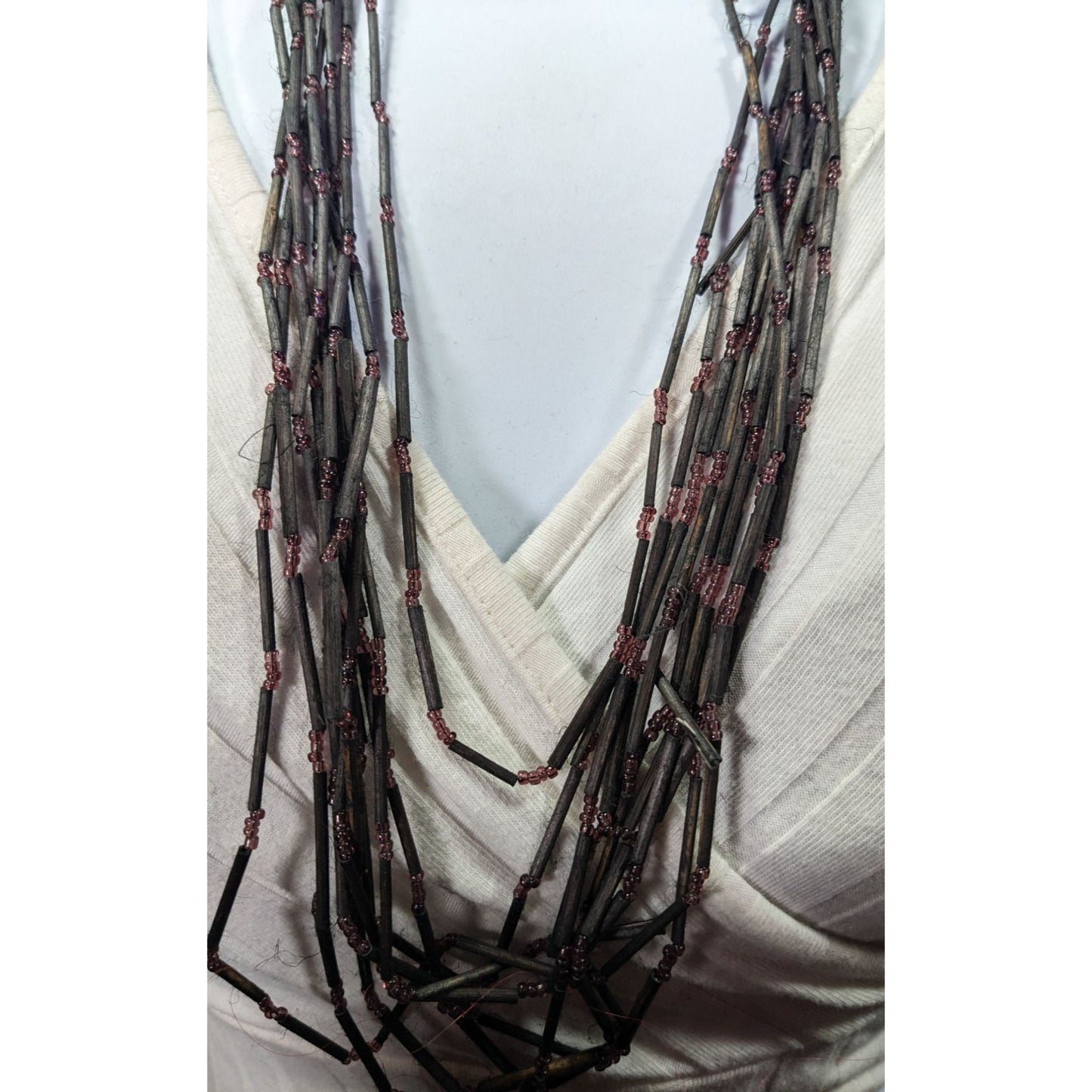 Vintage Black Wood And Glass Multistrand Necklace