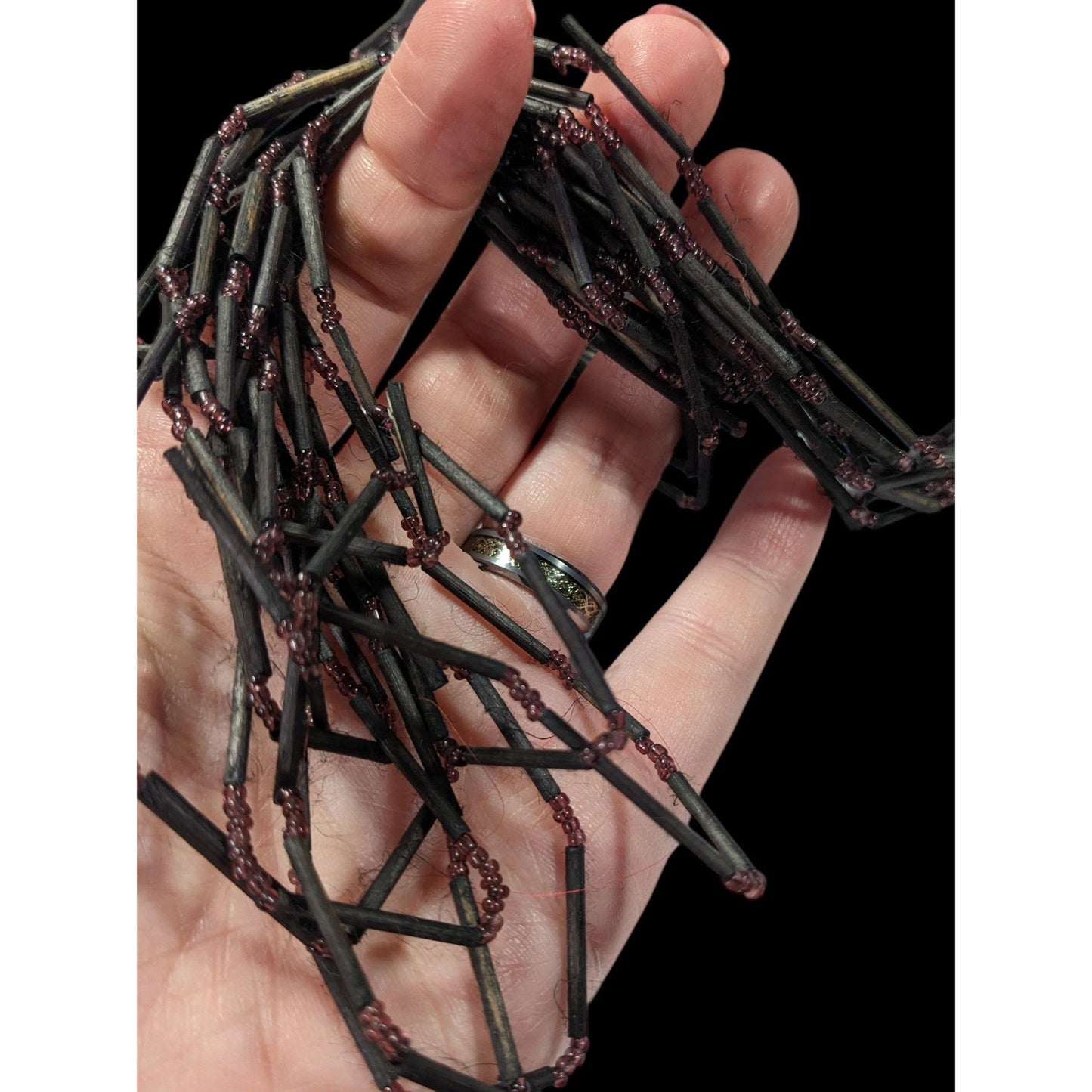 Vintage Black Wood And Glass Multistrand Necklace