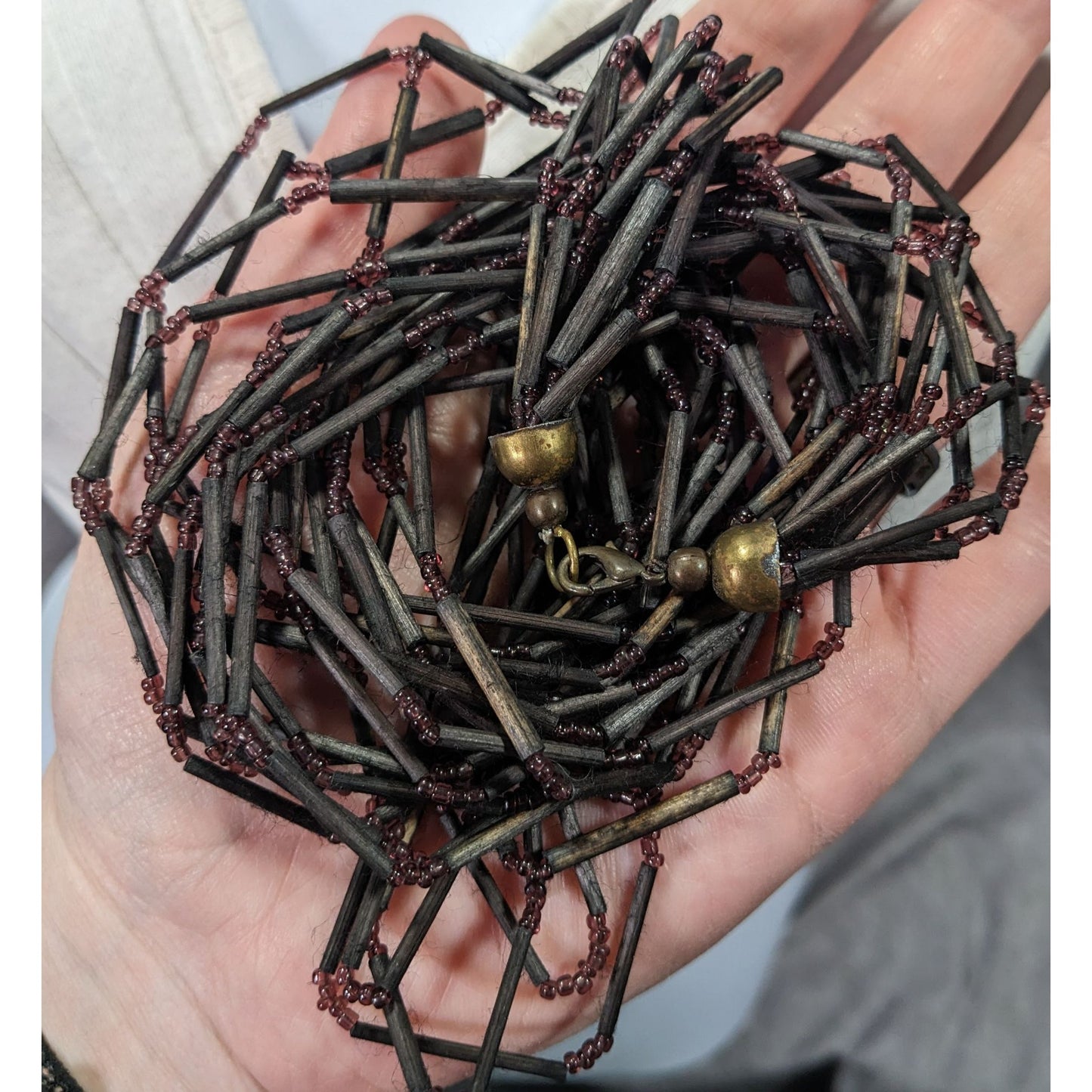 Vintage Black Wood And Glass Multistrand Necklace