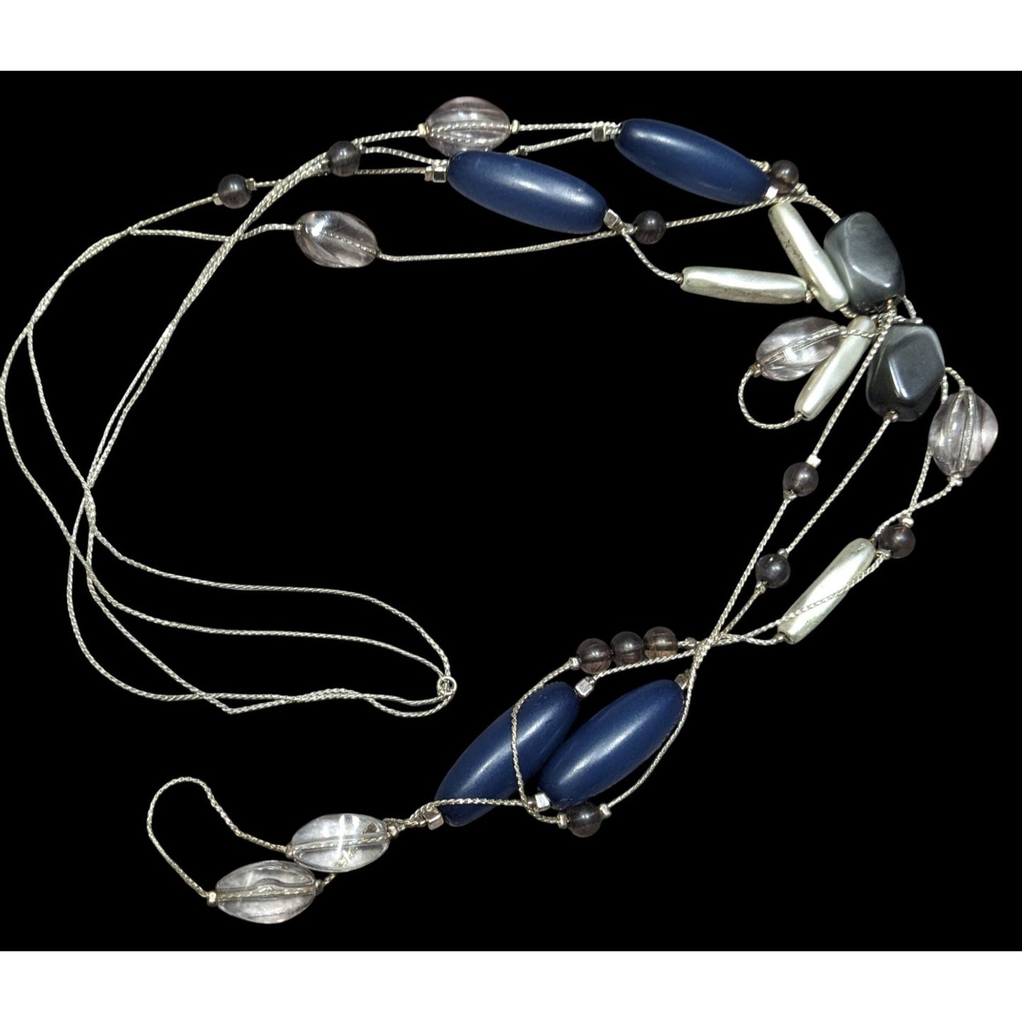 Multi-Strand Beaded Necklace With Blue Silver & Clear Beads On Silver-Tone Chain