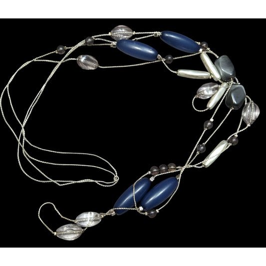 Multi-Strand Beaded Necklace With Blue Silver & Clear Beads On Silver-Tone Chain