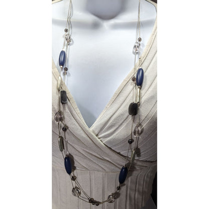 Multi-Strand Beaded Necklace With Blue Silver & Clear Beads On Silver-Tone Chain