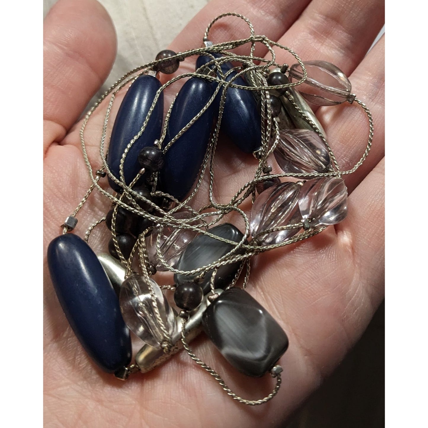 Multi-Strand Beaded Necklace With Blue Silver & Clear Beads On Silver-Tone Chain