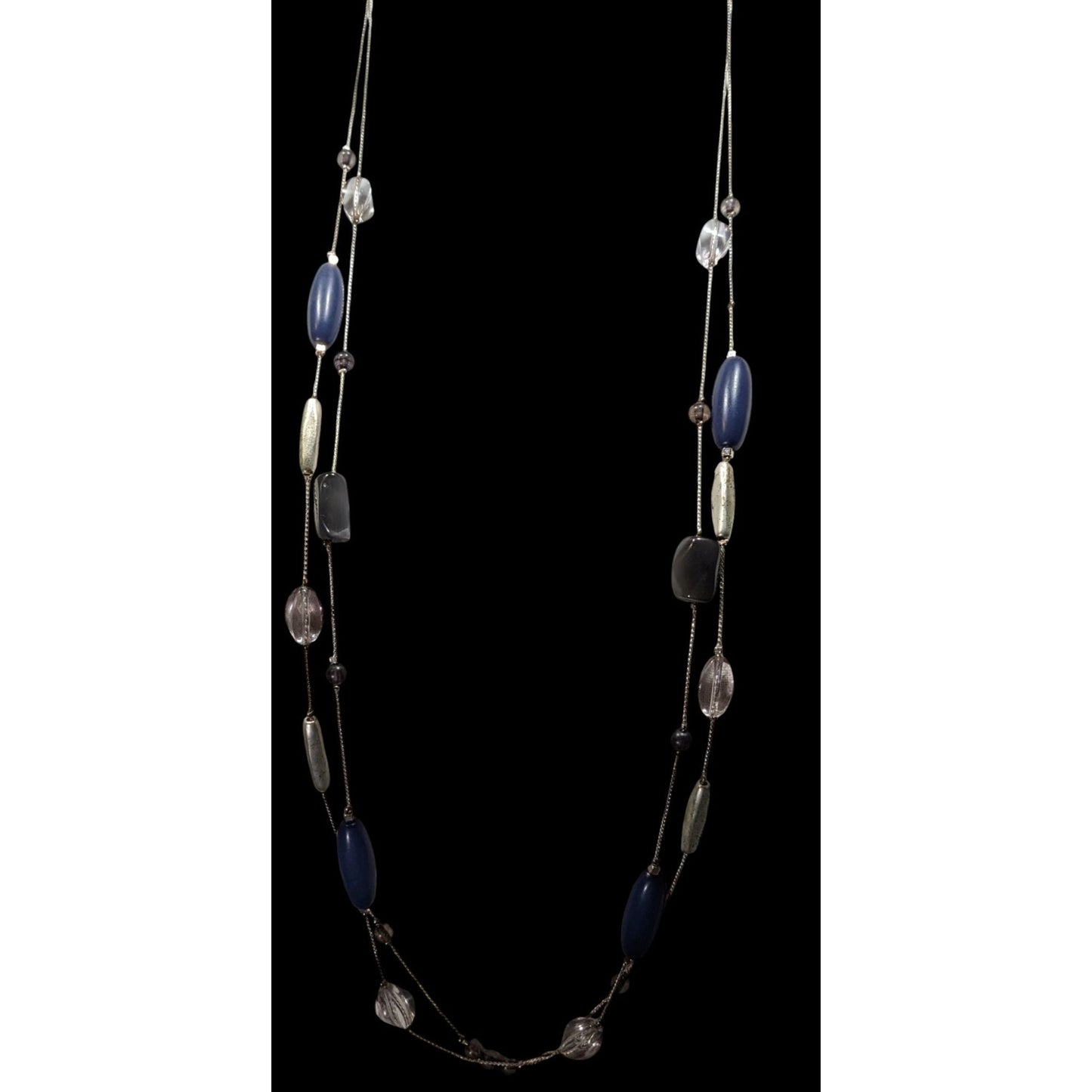 Multi-Strand Beaded Necklace With Blue Silver & Clear Beads On Silver-Tone Chain