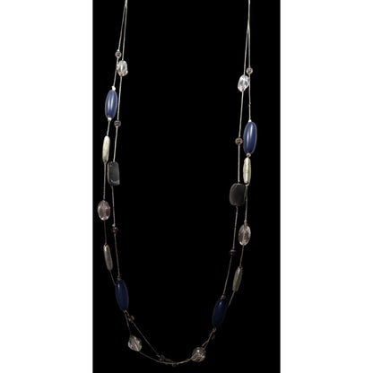 Multi-Strand Beaded Necklace With Blue Silver & Clear Beads On Silver-Tone Chain