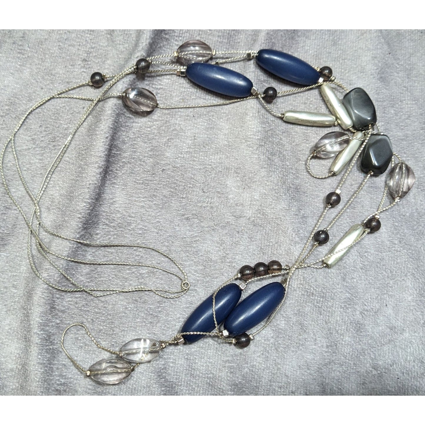Multi-Strand Beaded Necklace With Blue Silver & Clear Beads On Silver-Tone Chain
