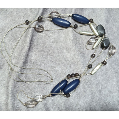 Multi-Strand Beaded Necklace With Blue Silver & Clear Beads On Silver-Tone Chain