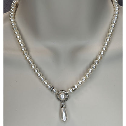Vintage Coquette Bridal Pearl Rhinestone Teardrop Statement Necklace