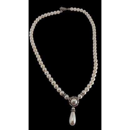 Vintage Coquette Bridal Pearl Rhinestone Teardrop Statement Necklace