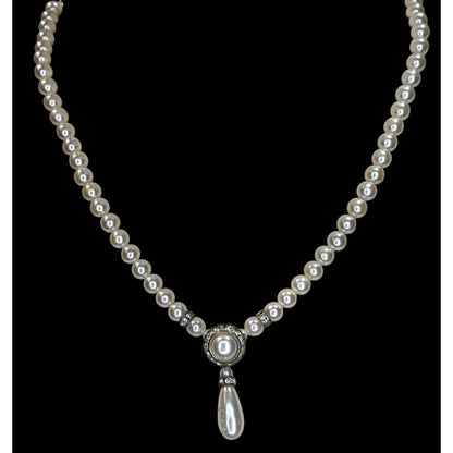 Vintage Coquette Bridal Pearl Rhinestone Teardrop Statement Necklace