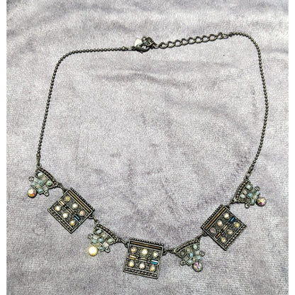 Vintage Art Deco Silver Tone Rhinestone Beaded Necklace