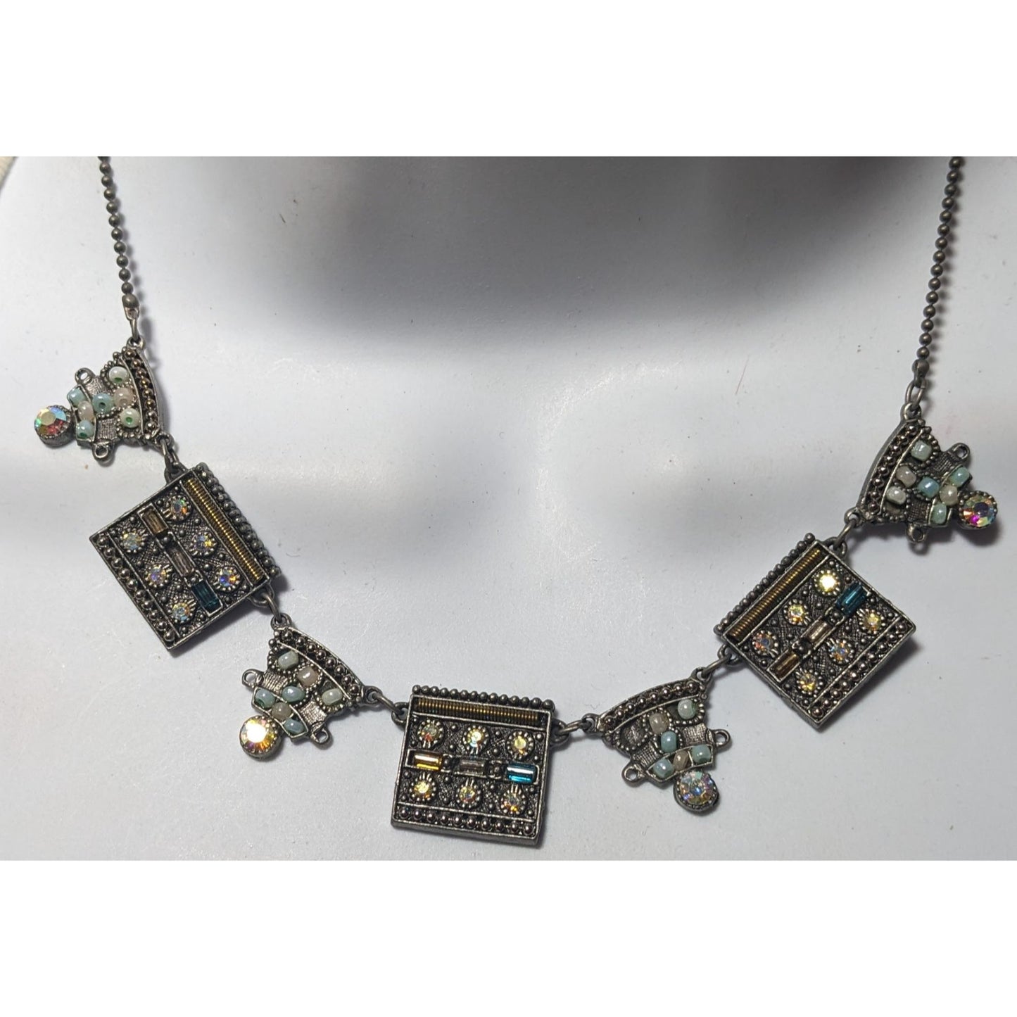 Vintage Art Deco Silver Tone Rhinestone Beaded Necklace