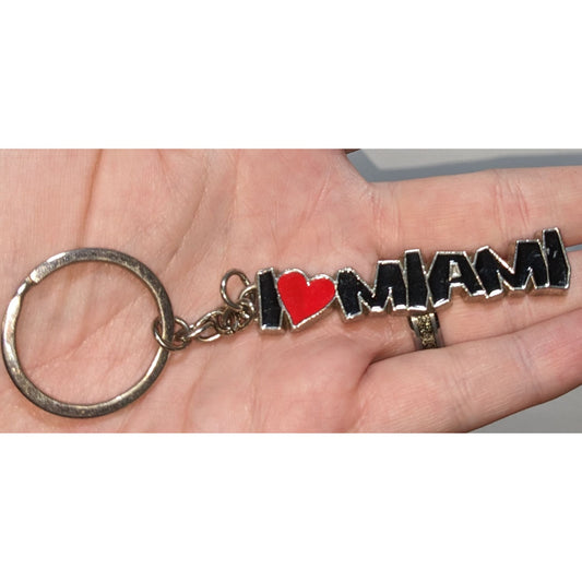 I Love Miami Keychain Red Heart & Black Text Silver-Tone Metal Souvenir
