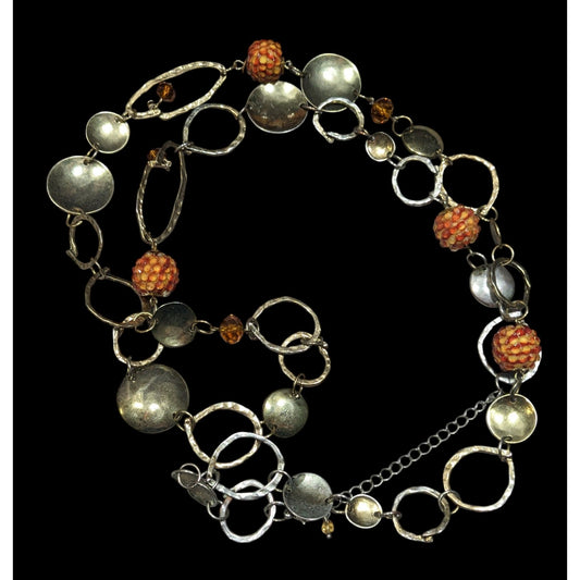 Retro Orange Beaded Silver Tone Link Opera Necklace