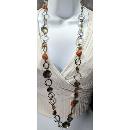 Retro Orange Beaded Silver Tone Link Opera Necklace