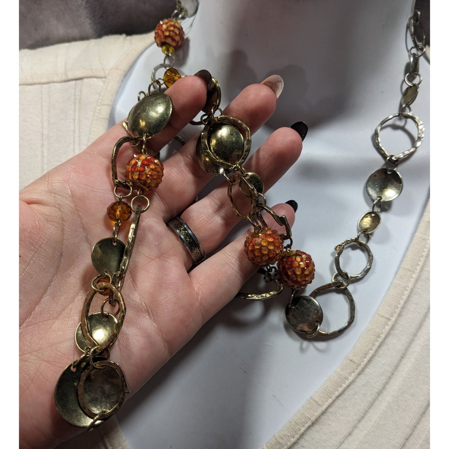 Retro Orange Beaded Silver Tone Link Opera Necklace