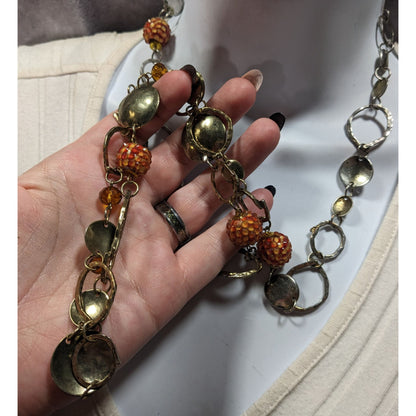 Retro Orange Beaded Silver Tone Link Opera Necklace