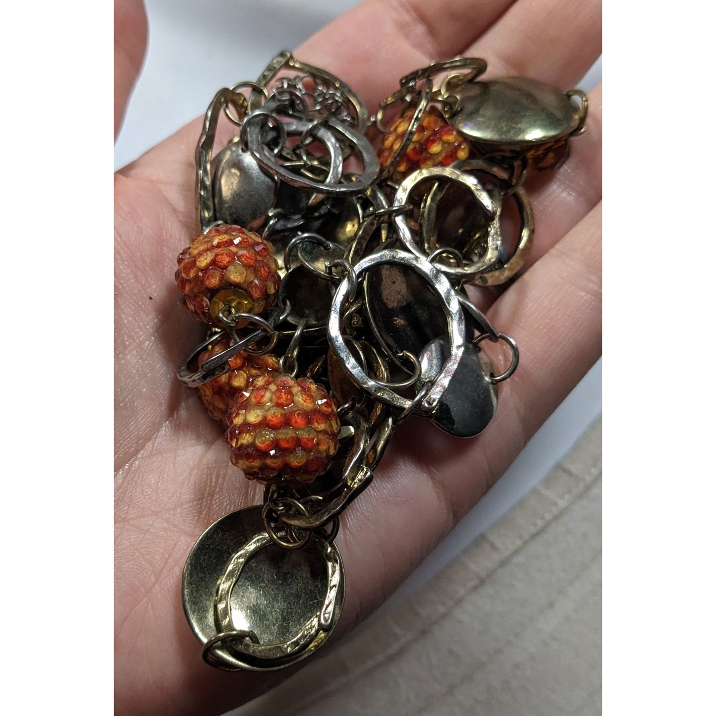 Retro Orange Beaded Silver Tone Link Opera Necklace