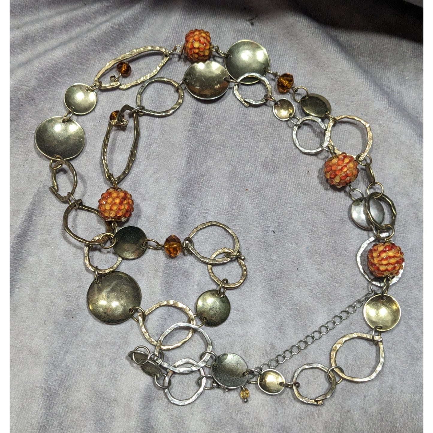 Retro Orange Beaded Silver Tone Link Opera Necklace