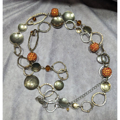 Retro Orange Beaded Silver Tone Link Opera Necklace