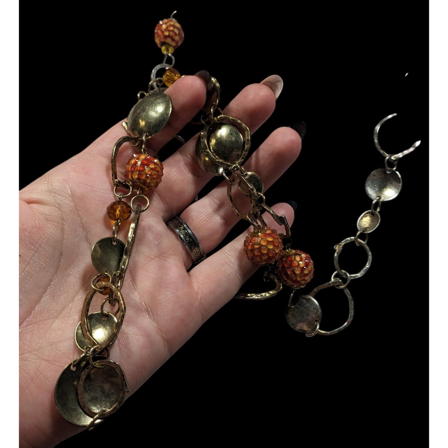 Retro Orange Beaded Silver Tone Link Opera Necklace