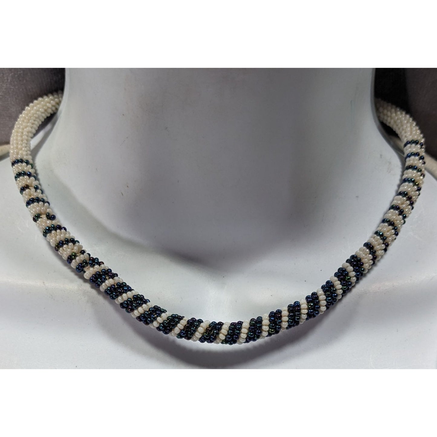 Vintage Handmade White And Blue/Black Beaded Rope Necklace