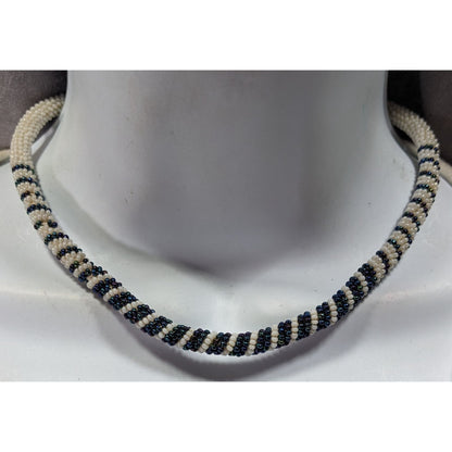 Vintage Handmade White And Blue/Black Beaded Rope Necklace